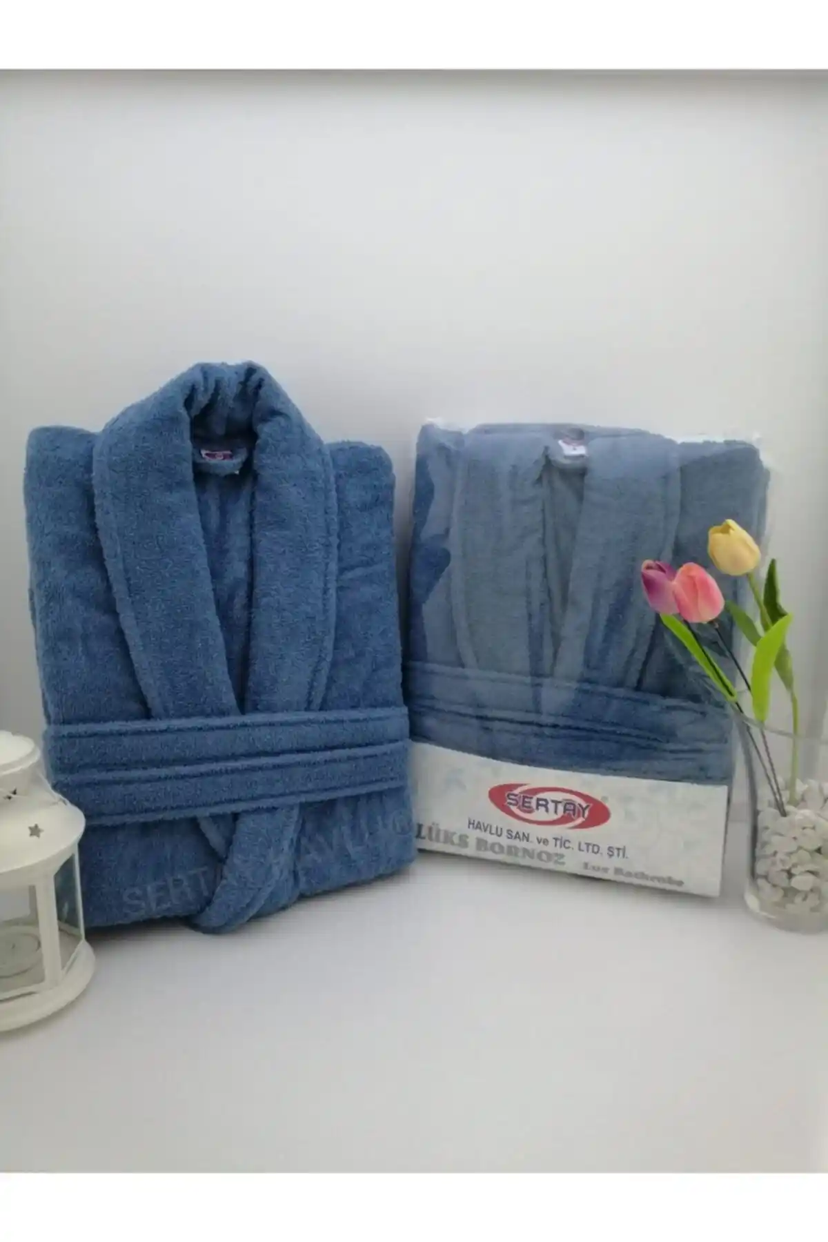 Sertay %100 Pamuk Lüks Tek Bornoz Maxi Boy Lacivert Cepli Tasarım