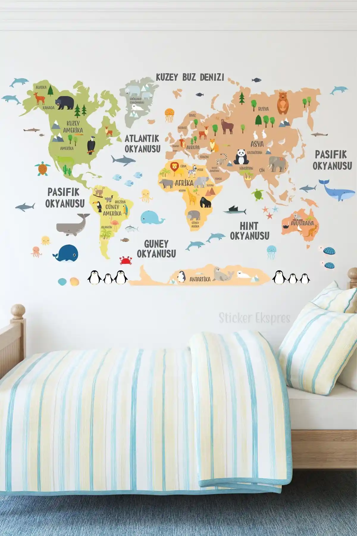 Sticker Ekspres Softy Türkçe Dünya Haritası: Çocuk Odaları İçin Eğitici ve Dekoratif Duvar Stickerı