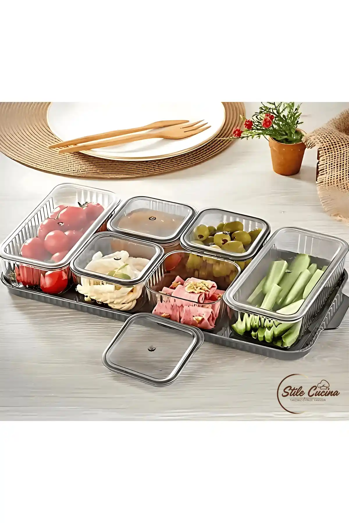 Stile Cucina 6 Bölmeli Kapaklı Akrilik Kahvaltılık Seti Gri Modern Tasarım