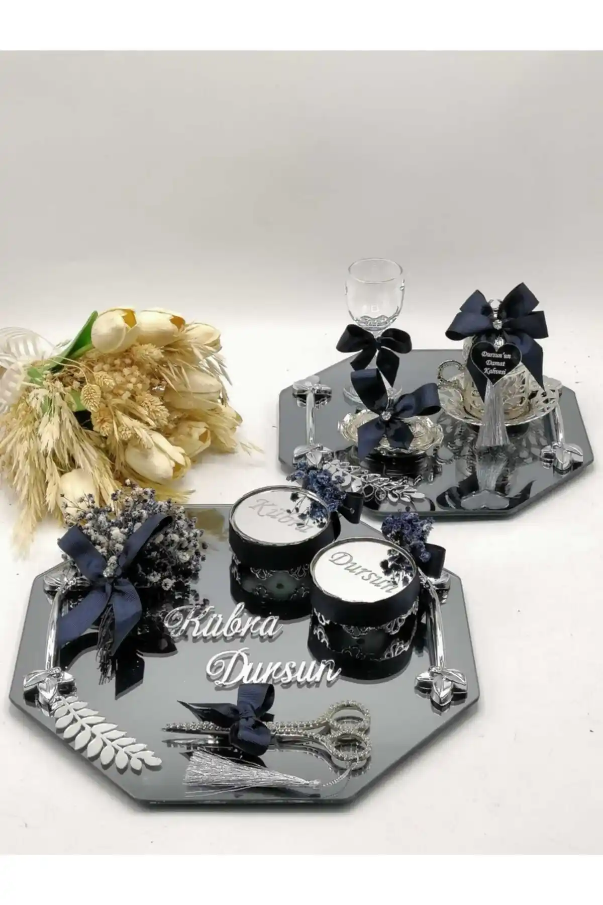 ZEKAAVM 2'li Söz Tepsisi: Damat Kahvesi ve Nişan İçin Zarif Altın Renk Set