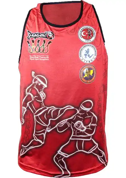 Dragon Muay Thai Federasyon Logolu Dijital Baskılı Atlet Kırmızı Spor Giyim Ürünü