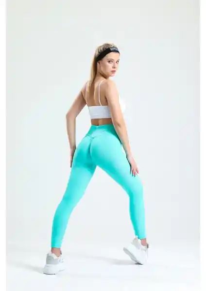 Gymhams Mint Yeşil Kalçası Büzgülü ve Push Up Özellikli Yüksek Bel Spor Taytı