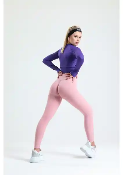 Gymhams Pembe Kalça Büzgülü ve Push-Up Özellikli Seamless Yüksek Bel Kadın Taytı