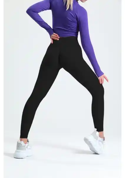 Gymhams Siyah Kalça Büzgülü ve Push Up Detaylı Yüksek Bel Kalça Şekillendirici Tayt