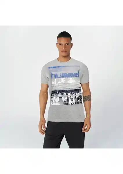 Hummel Dean Erkek Gri Baskılı Bisiklet Yaka Tişört Günlük ve Spor Kullanımına Uygun