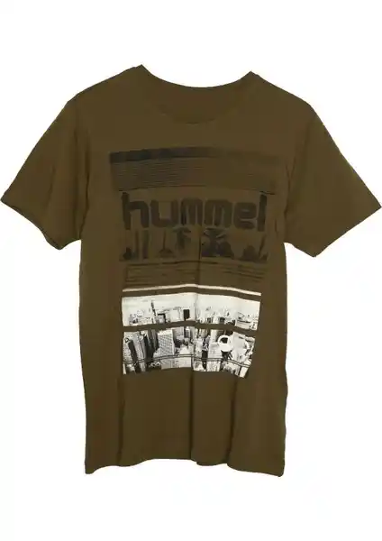 Hummel Dean Erkek Haki Baskılı Bisiklet Yaka Tişörtü Günlük ve Spor Kullanımına Uygun