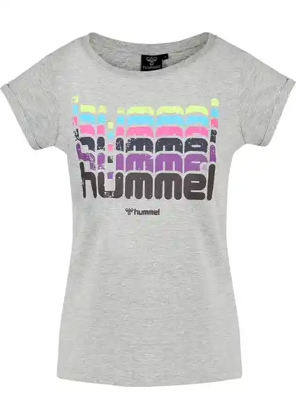 Hummel Kadın Gri Baskılı Bisiklet Yaka Tişörtü Konfor ve Şıklığı Bir Arada Sunar