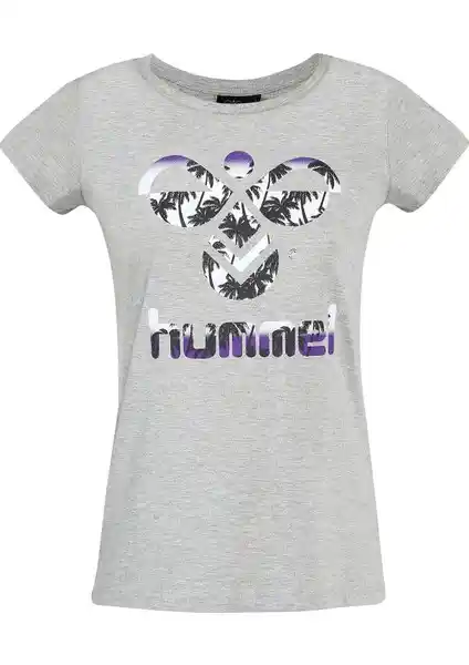 Hummel Triana Kadın Gri Baskılı Bisiklet Yaka Tişört Şıklık ve Konfor Sunan Modern Tasarım