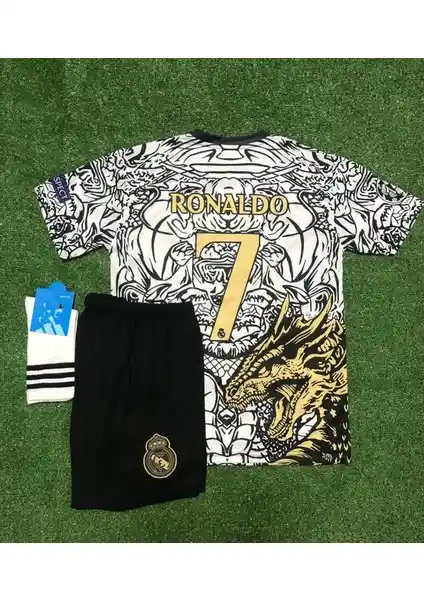 Real Madrid Cristiano Ronaldo Çocuk Forması 3'lü Set Siyah-Beyaz Dragon Desenli