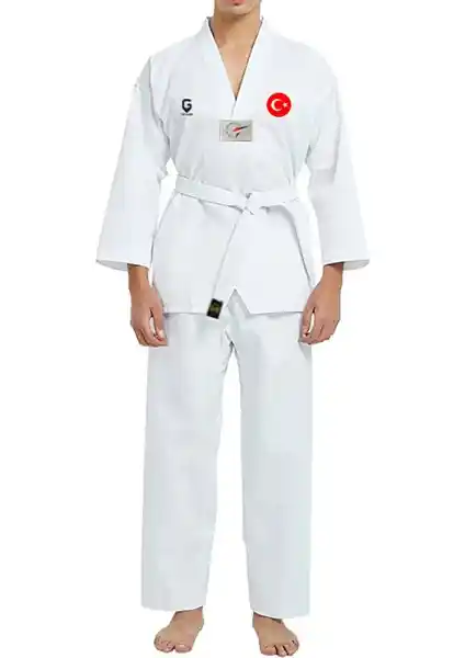 Top Glory Fitilli Beyaz Yaka Baskılı Taekwondo Elbisesi Sporcular İçin Dayanıklı ve Estetik Giysi