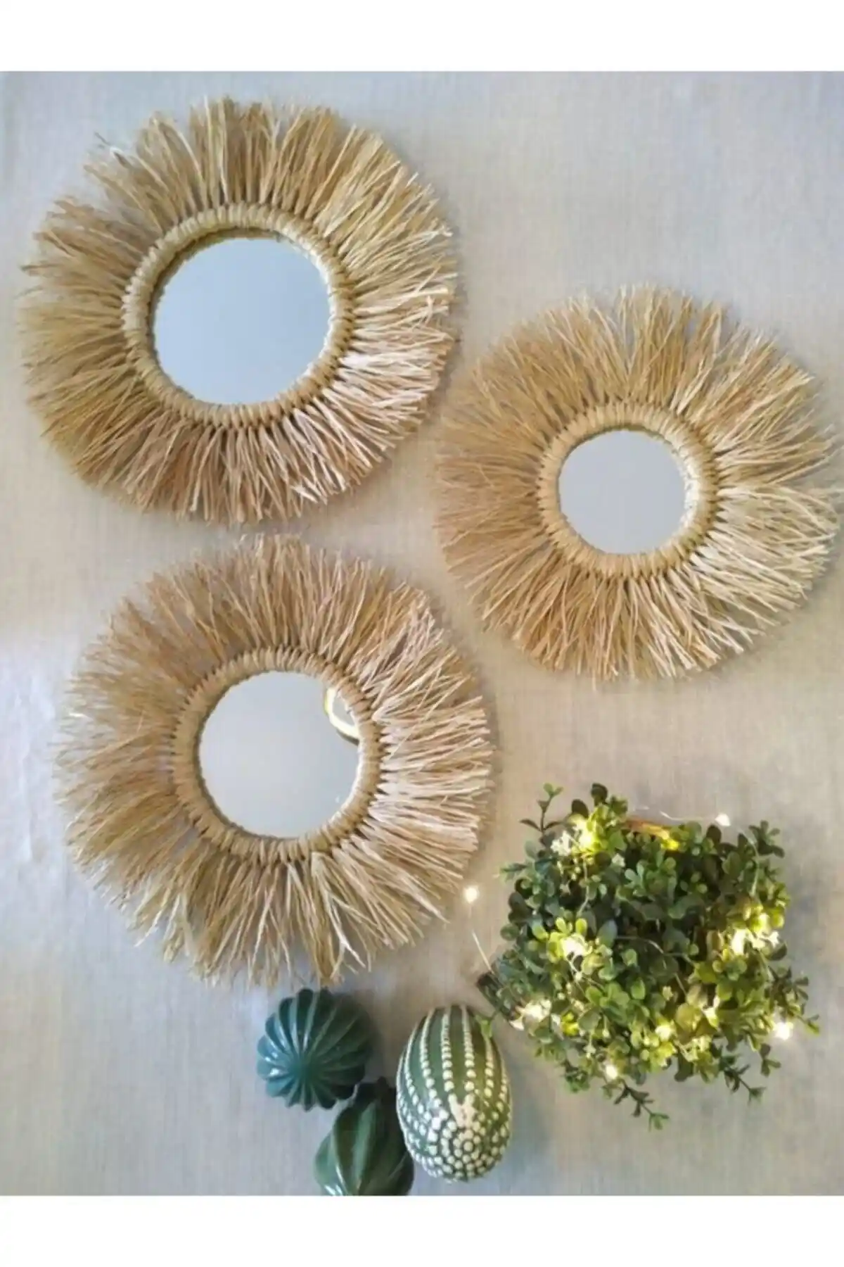 Bohem Handmade 3'lü Rafya Ayna Seti ile Evinizi Özelleştirin ve Şıklık Katın