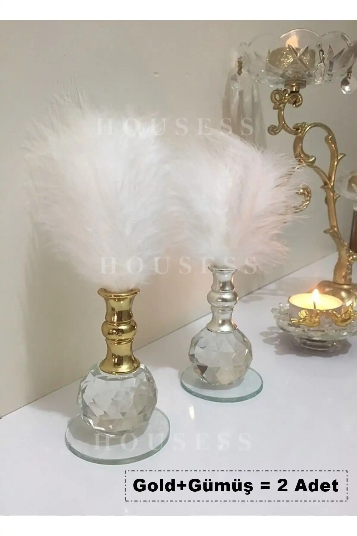 Housess Beyaz Tüylü Gold ve Gümüş Kristal Top Tüylük Dekor Biblo Süs İncelemesi