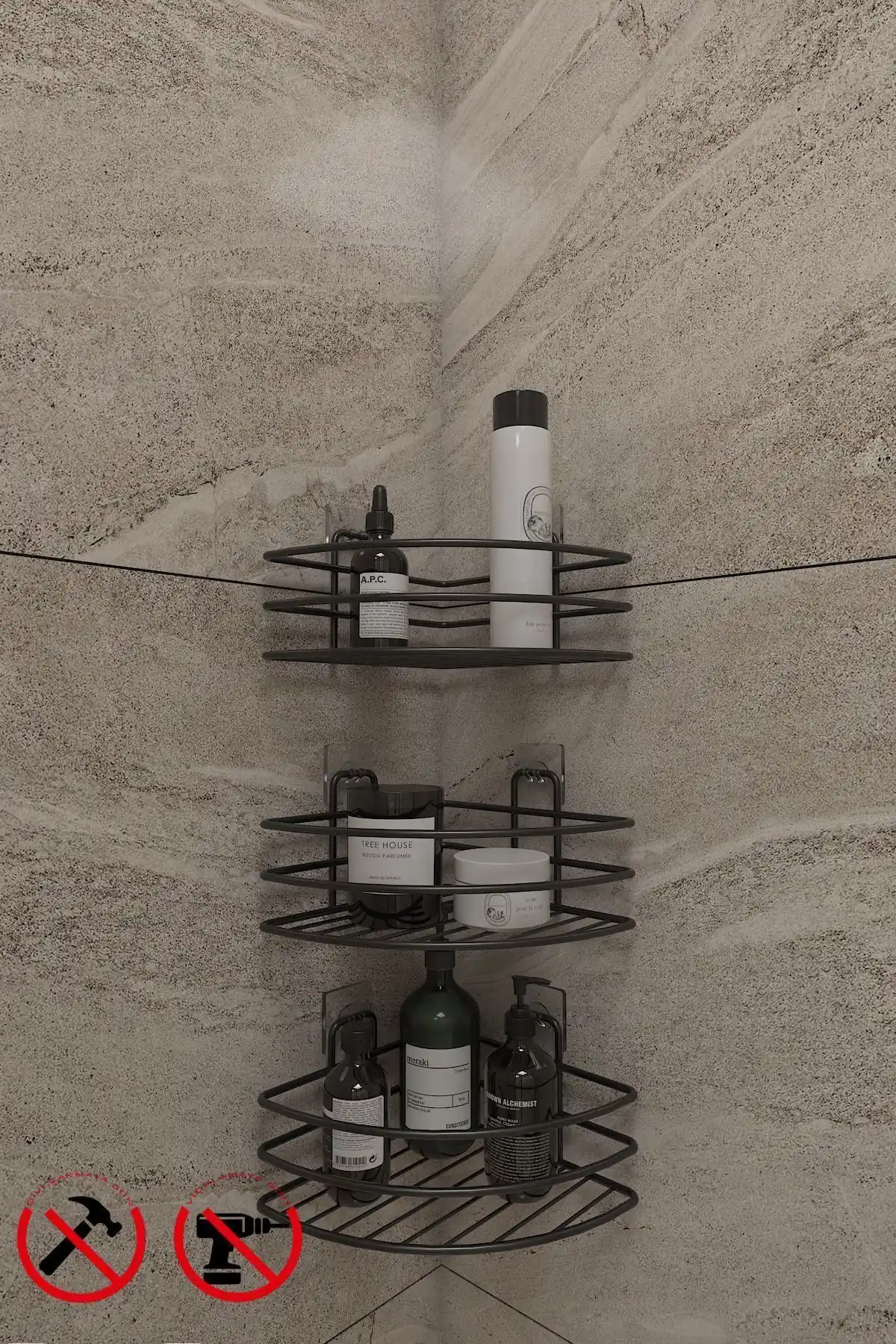 Alper Banyo Paslanmaz Metal Yapışkanlı Raf Modern ve Dayanıklı Banyo Düzenleyici Ürünleri