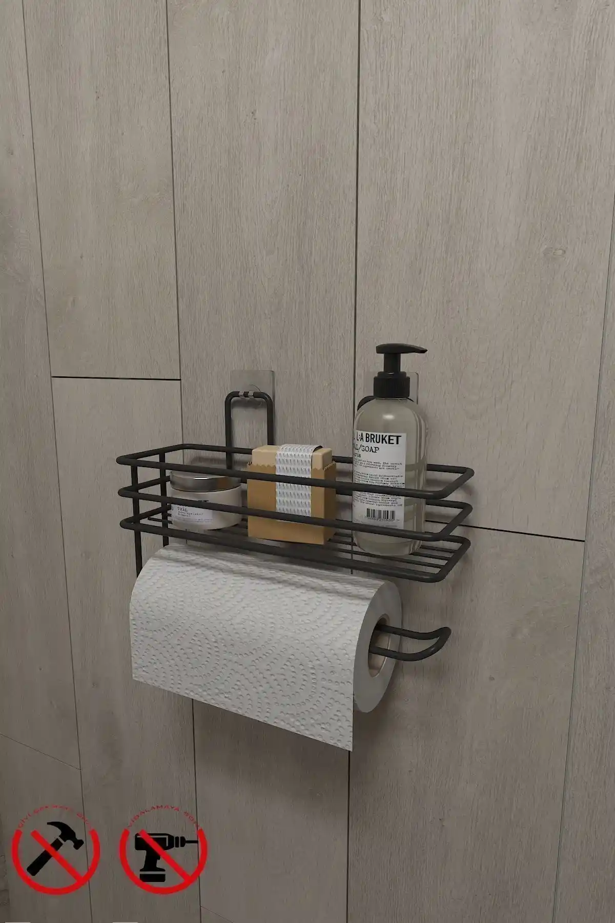 Alper Banyo Siyah Yapışkanlı Raflı Kağıt Rulo ve Aksesuar Düzenleyici Ürünleri