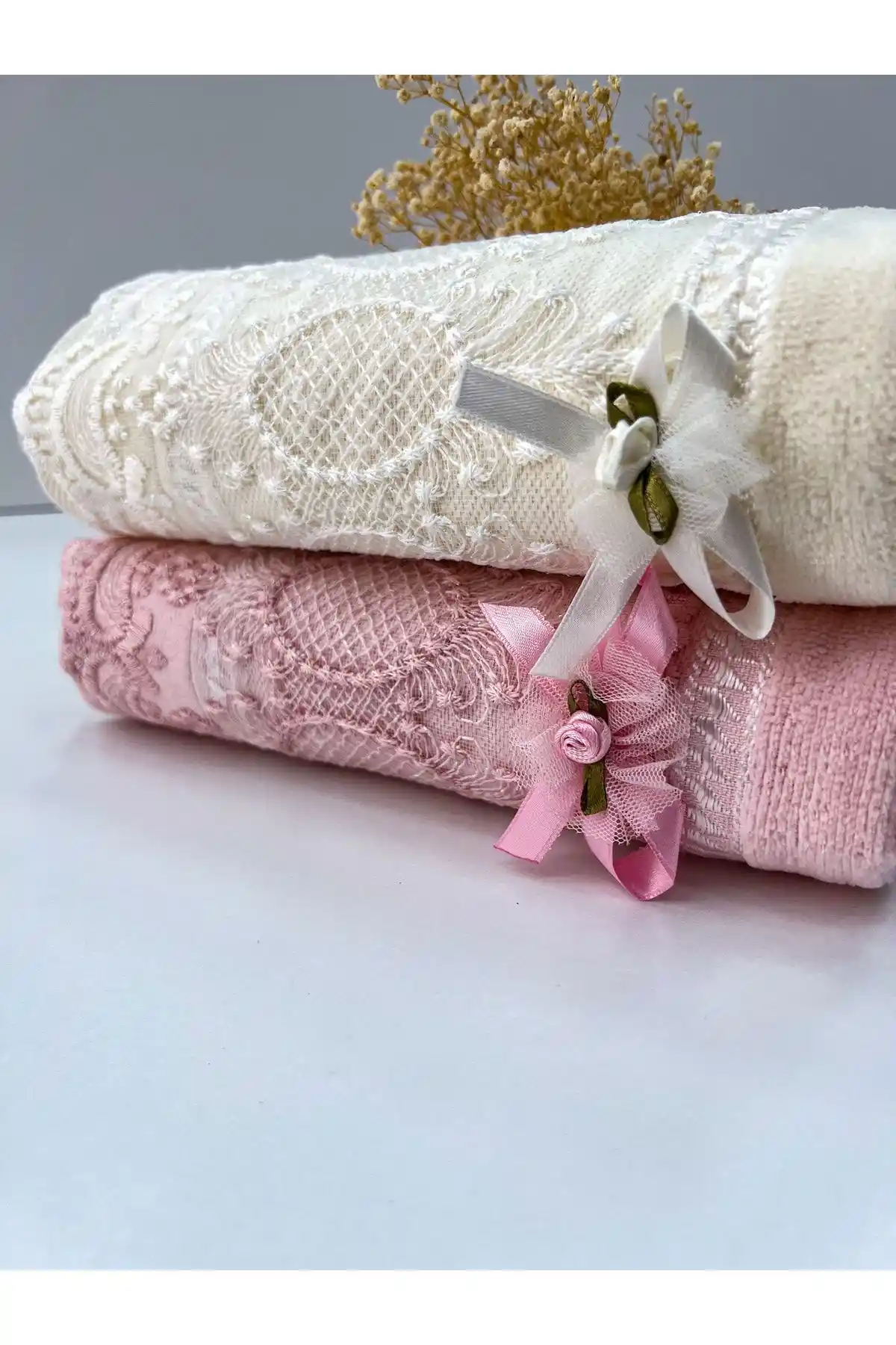 AYHANHOME 50x90 Çiftli Pamuklu Dantelli Fiyonklu El ve Yüz Havlusu Seti