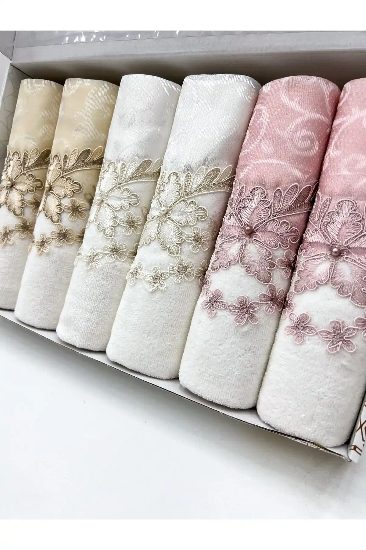 AYHANHOME Güpürlü Saten Işleme Desenli Kutulu Lüks Çeyizlik 50x90 6'lı Havlu Seti