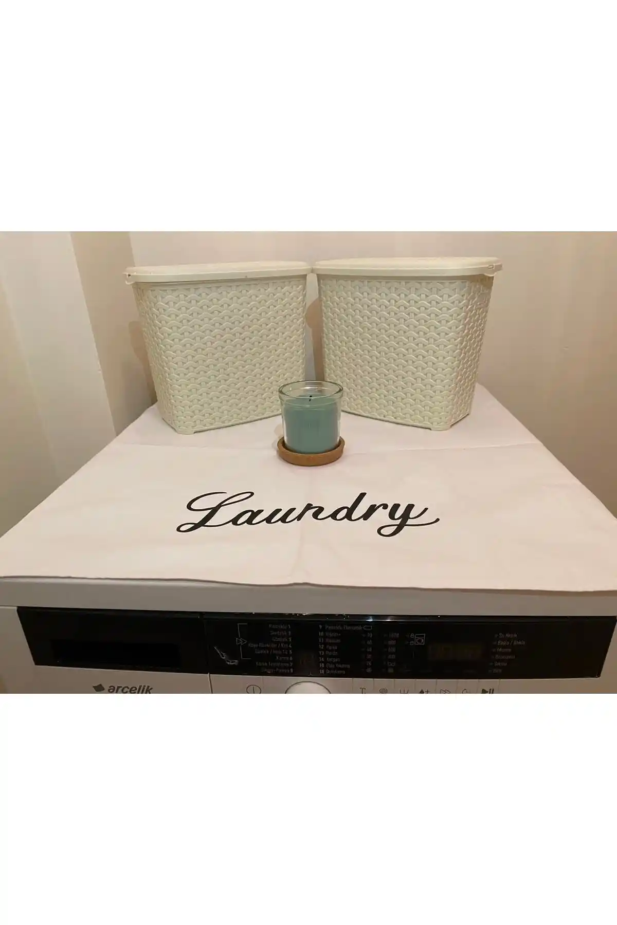 BAGAND Beyaz Çamaşır Makine Örtüsü Wash & Dry Baskılı Modern ve Dayanıklı Tasarım