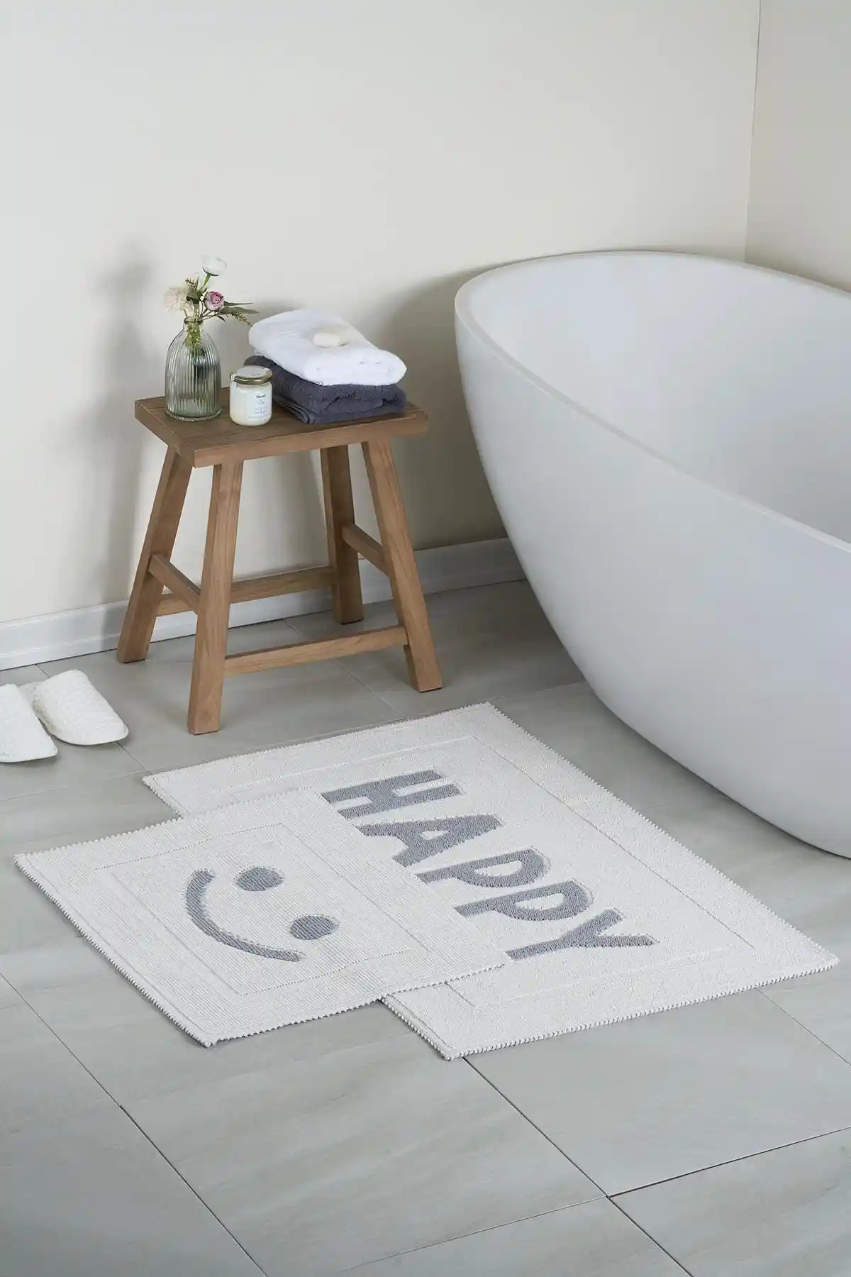 Bluenity Happy Doğal Pamuklu 2'li Banyo Paspas Seti - Şık ve Hijyenik Banyo Aksesuarları