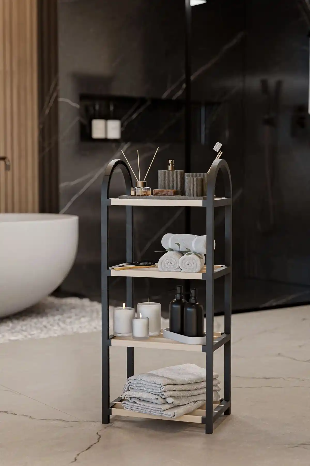 Çavdar Group Banyo Düzenleyici: Şık ve Fonksiyonel 4 Katlı Ahşap Raf Ünitesi