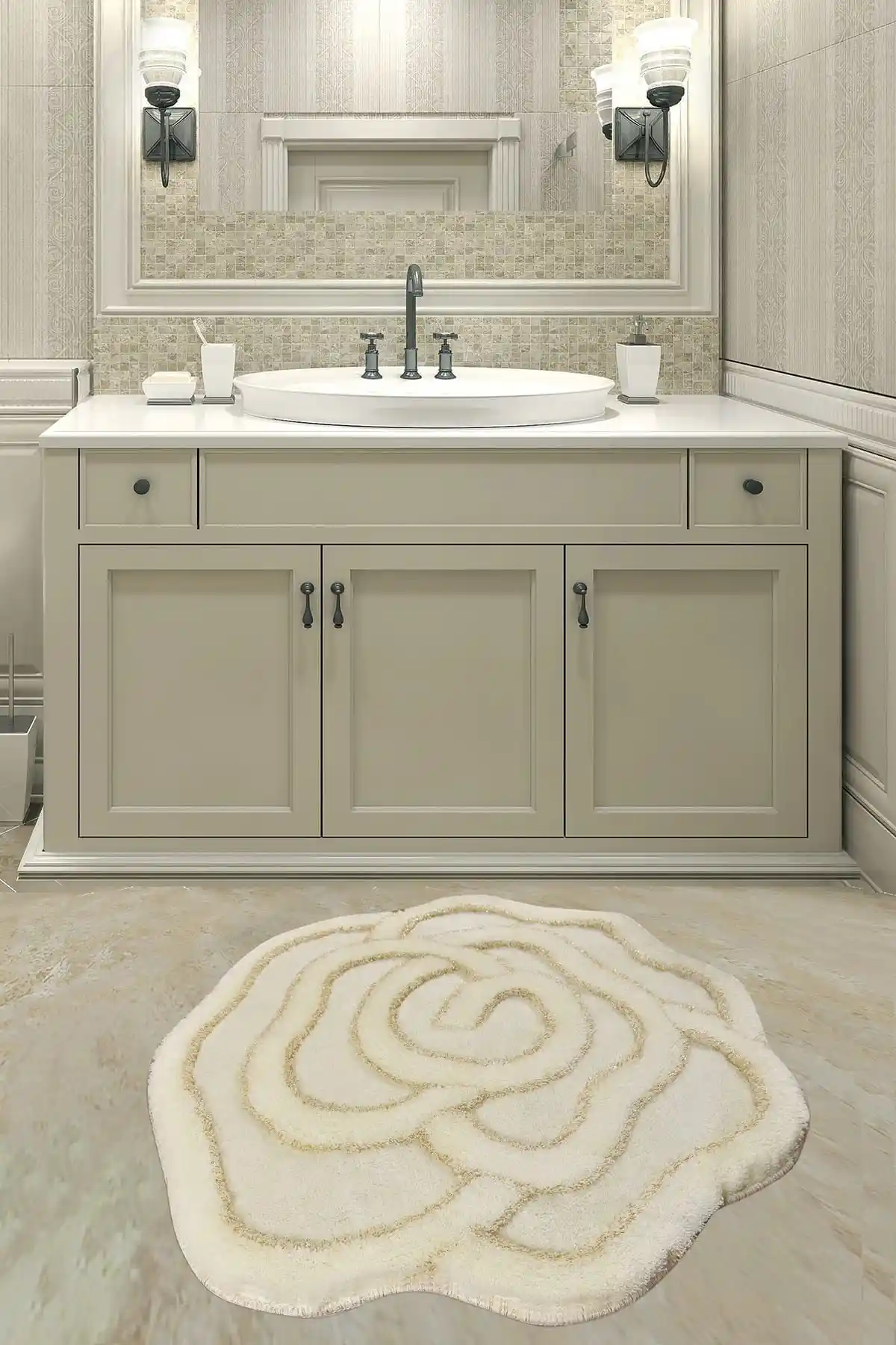 Chilai Home Büyük Gül Desenli Ekru Banyo Halısı: Şık ve Konforlu Banyo Dekorasyonu İçin
