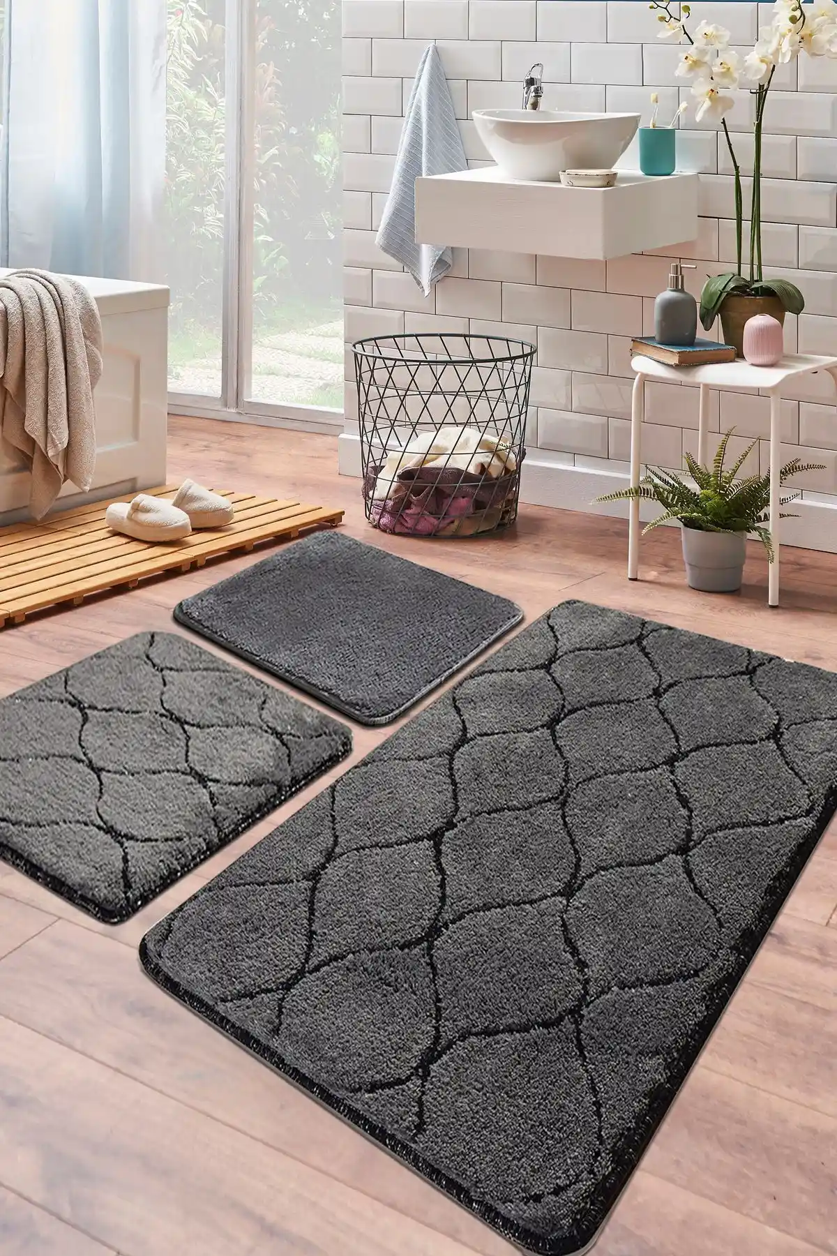 Chilai Home Infinity Antrasit 3'lü Klozet Takımı ve Halı Seti Modern Banyo Dekorasyonu