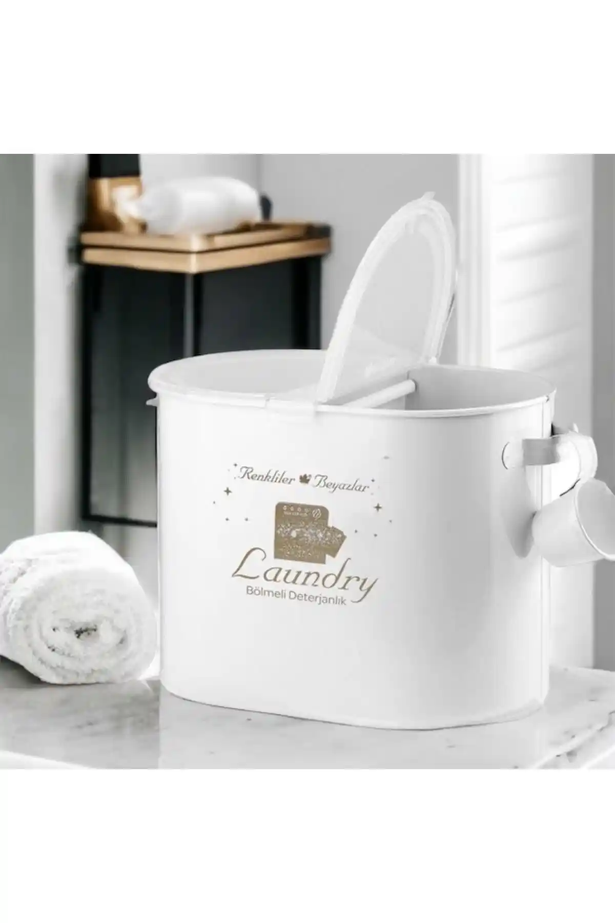 Dayanıklı ve Şık Laundry Metal Iki Bölmeli Plastik Kapaklı Deterjan Kutusu 12 L Kapasite ile Kullanım Kolaylığı