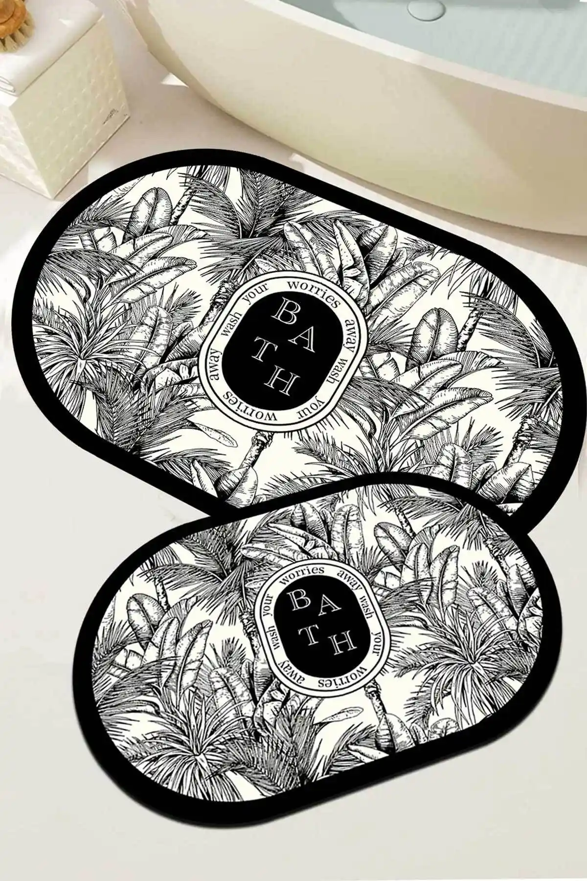 Decomia Home Dijital Kaymaz Yıkanabilir Banyo Paspası Siyah Beyaz Botanik Tasarımı