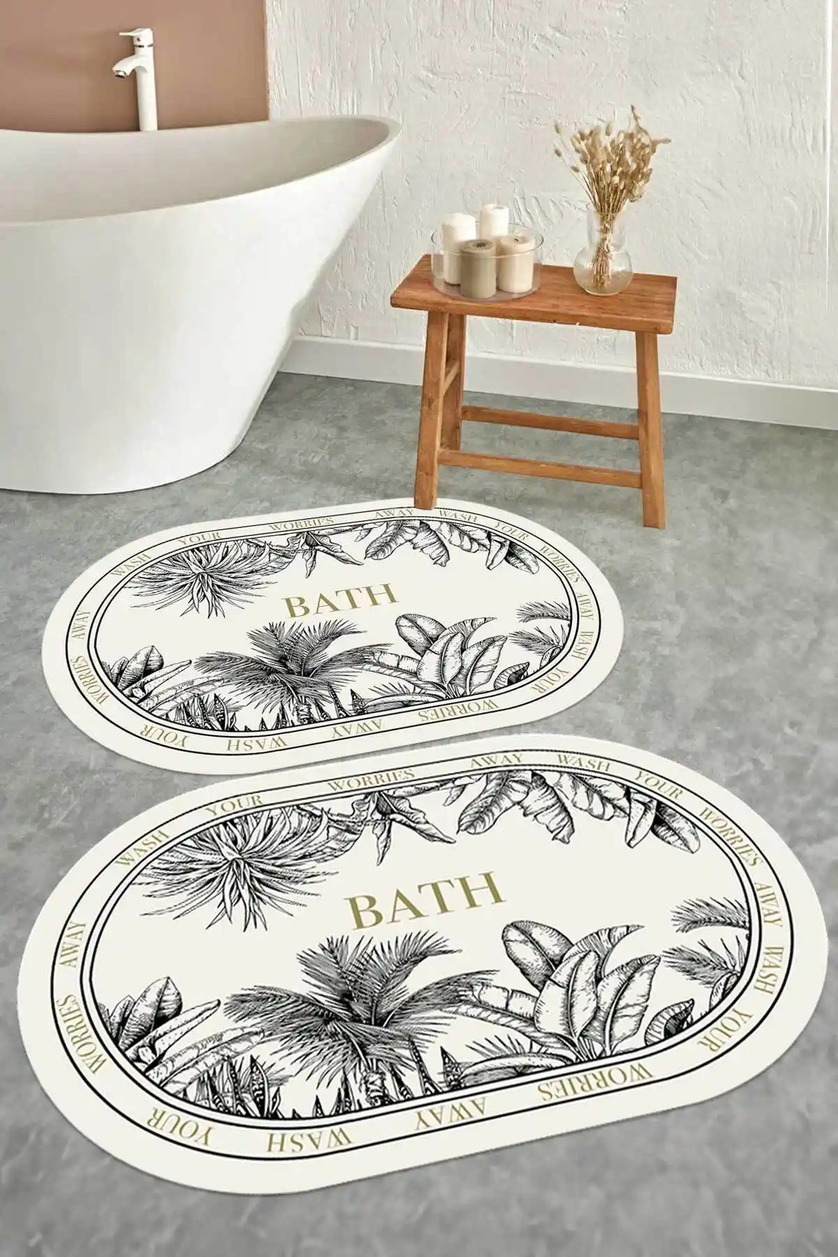 Decomia Home Yıkanabilir Kaymaz Siyah Beyaz Botanik Banyo Paspası Takımı