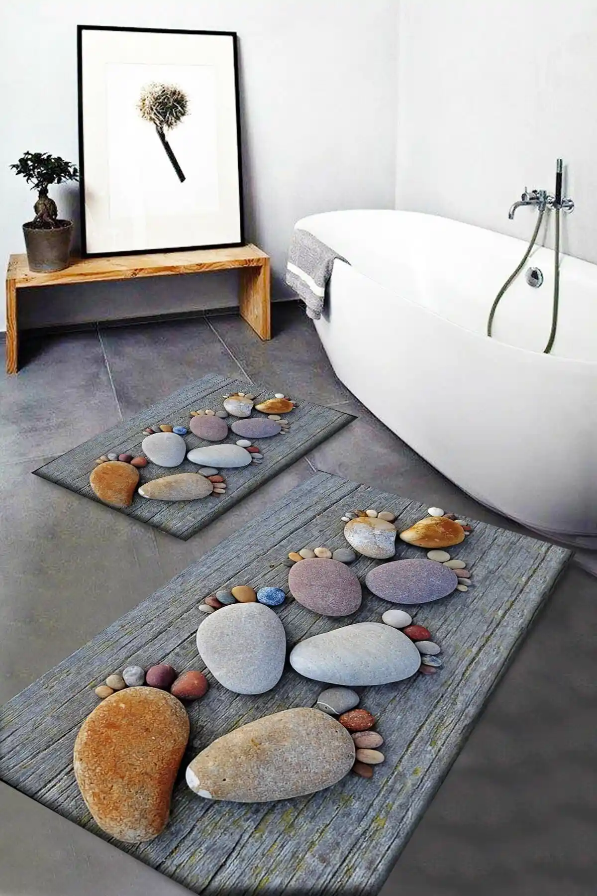 Else Gri Ayak Taşları Desenli Kaymaz Tabanlı Modern Banyo Halısı 60x90 cm