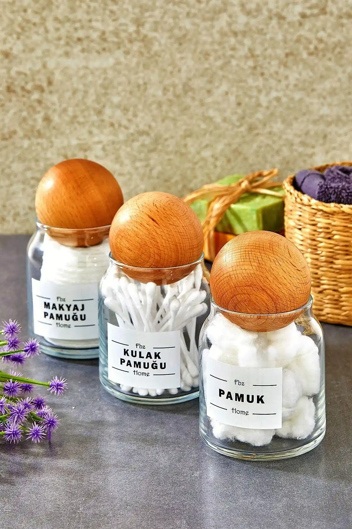 FBZhome 3'lü cam ve ahşap kapaklı bakım ve makyaj seti geniş kapasiteyle şık tasarım