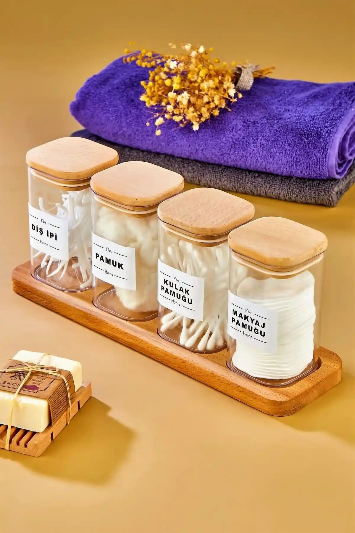 FBZhome Ahşap Standlı 4'lü Mika Organizer ile Banyonuzda Düzen ve Estetik Sağlayın