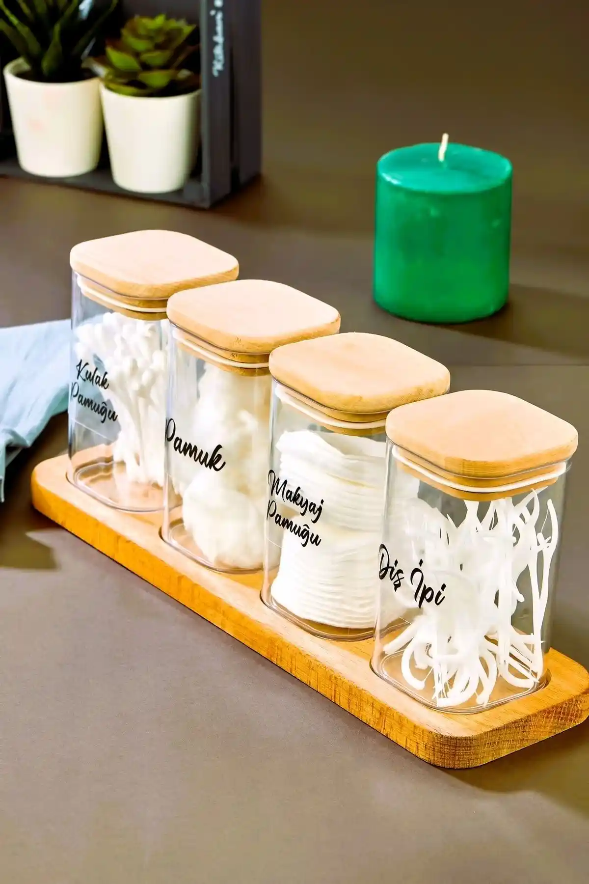 FBZhome Ahşap Standlı 4'lü Pamukluk ve Saklama Kutuları Modern ve Şık Tasarım