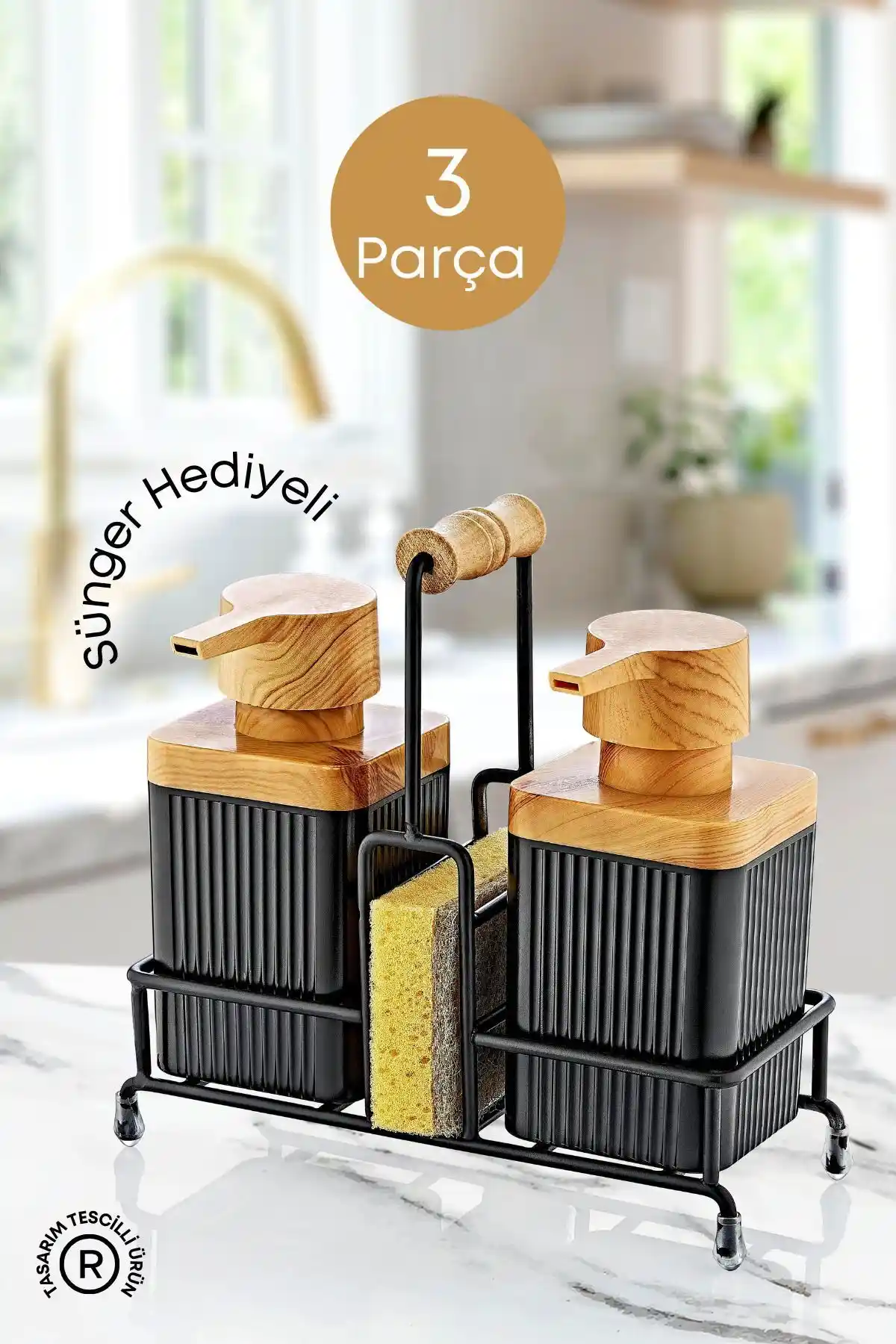 GRİMOR Life Mimoza Metal Standlı Ahşap Detaylı Bulaşık Deterjanı ve Sıvı Sabunluk Seti