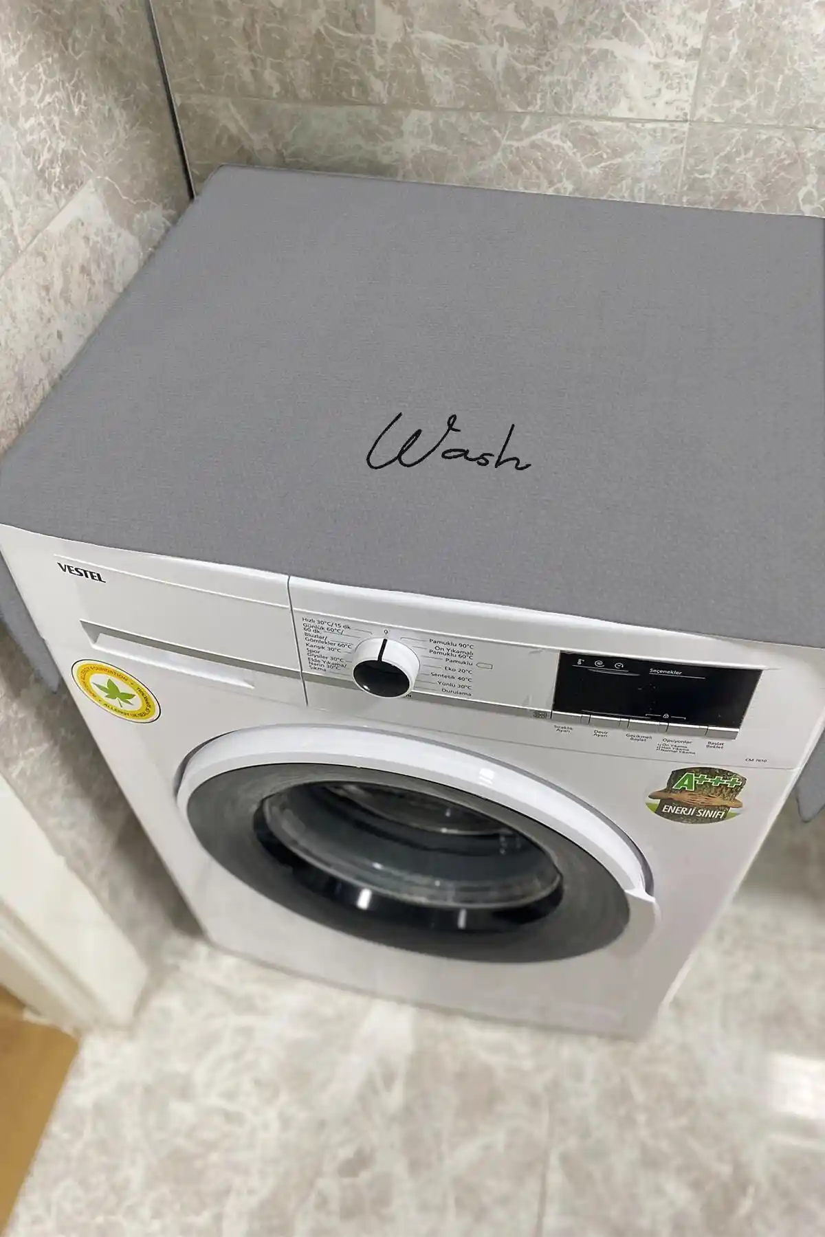 Hanles Gri Wash Nakış İşlemeli Çamaşır Makina Örtüsü Modern ve Dayanıklı Tasarım