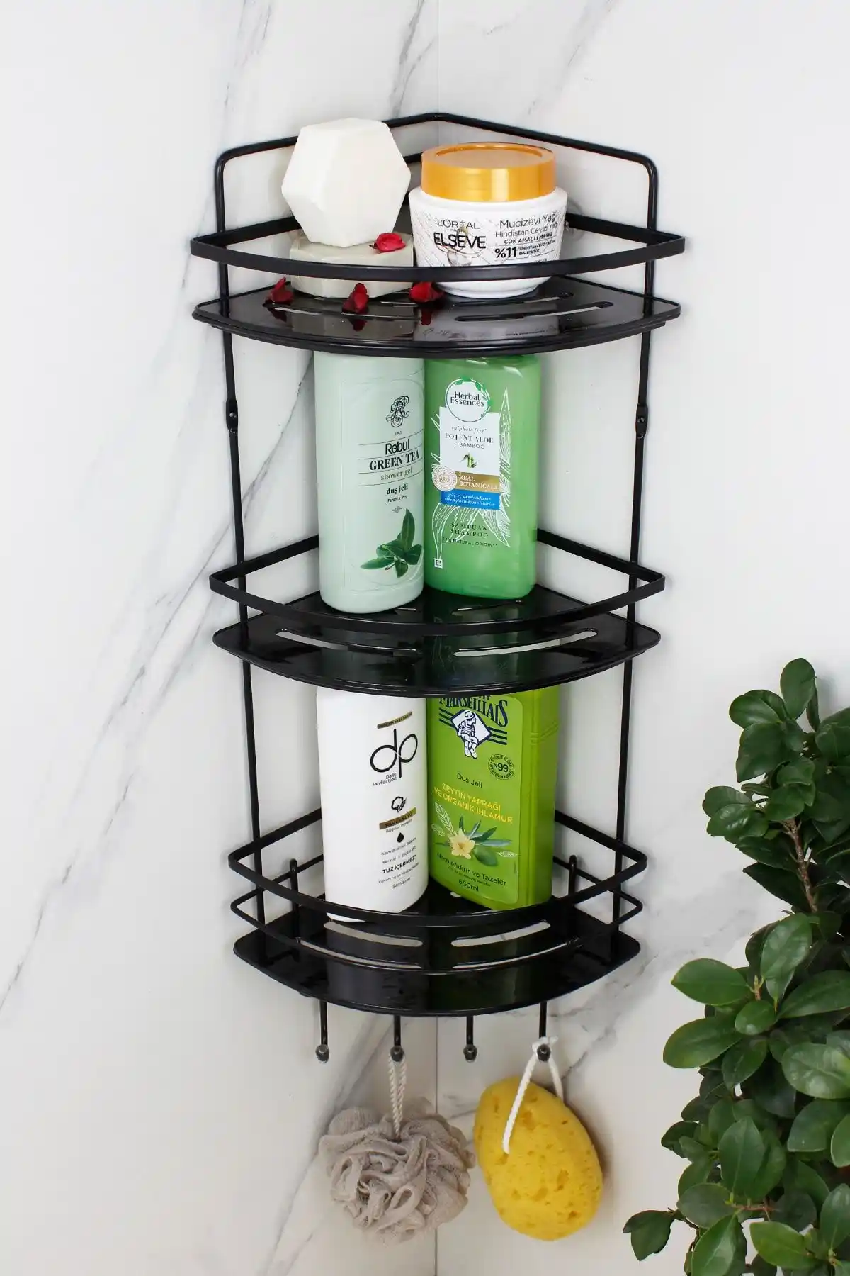 HIMYHOME Kristal Raflı Paslanmaz Siyah Lamalı Üçlü Şampuanlık Tasarımı ve Kullanım Özellikleri