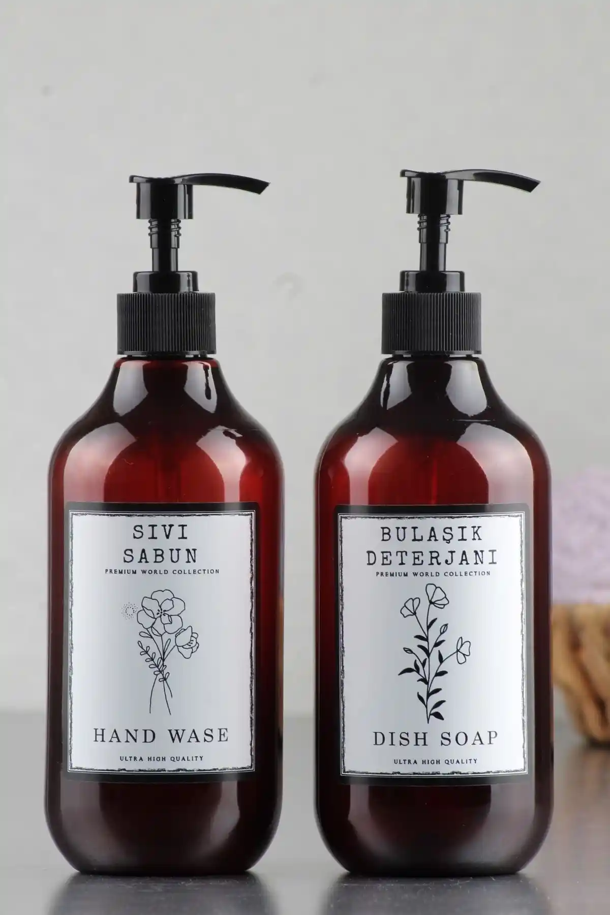 Incili Home Amber 2'li Bulaşık Deterjanı ve Sıvı Sabun Şişesi Seti Modern ve Şık Tasarım