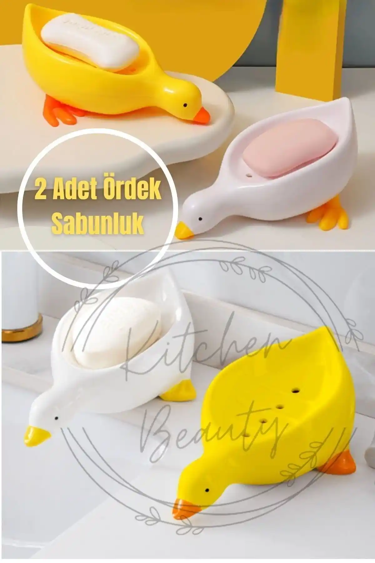 Kitchen Beauty Sevimli Ördek Desenli Su Tutmaz Katı Sabunluk Seti
