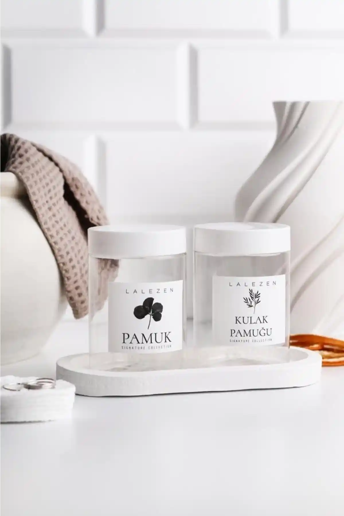 LALEZEN HOME 200ml Şeffaf Kavanoz Kulak Pamuğu ve Pamuk Etiketli Tasarım