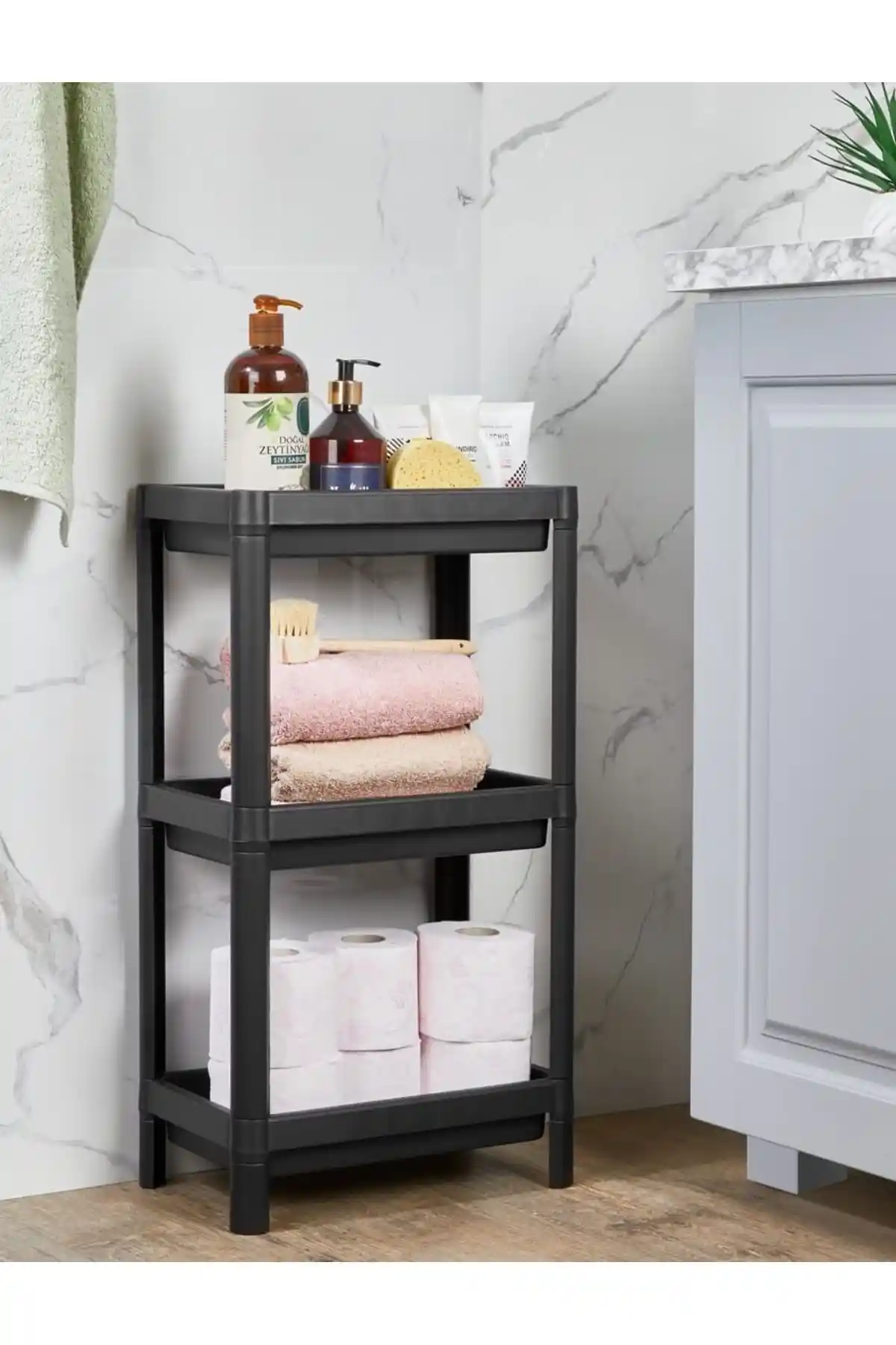 Minty Life Vesken 3 Katlı Siyah Mutfak ve Banyo Düzenleyici Raf Ünitesi