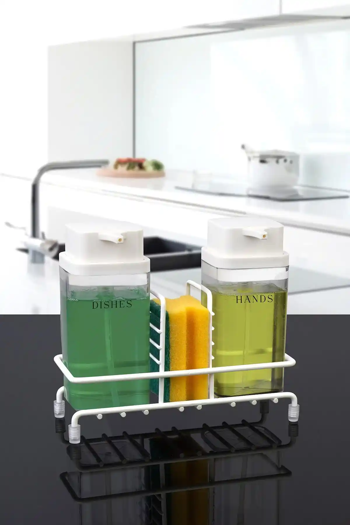 Okyanus Home Beyaz Deluxe Kare Standlı Şeffaf Sıvı Sabunluk Modern ve Dayanıklı Tasarım