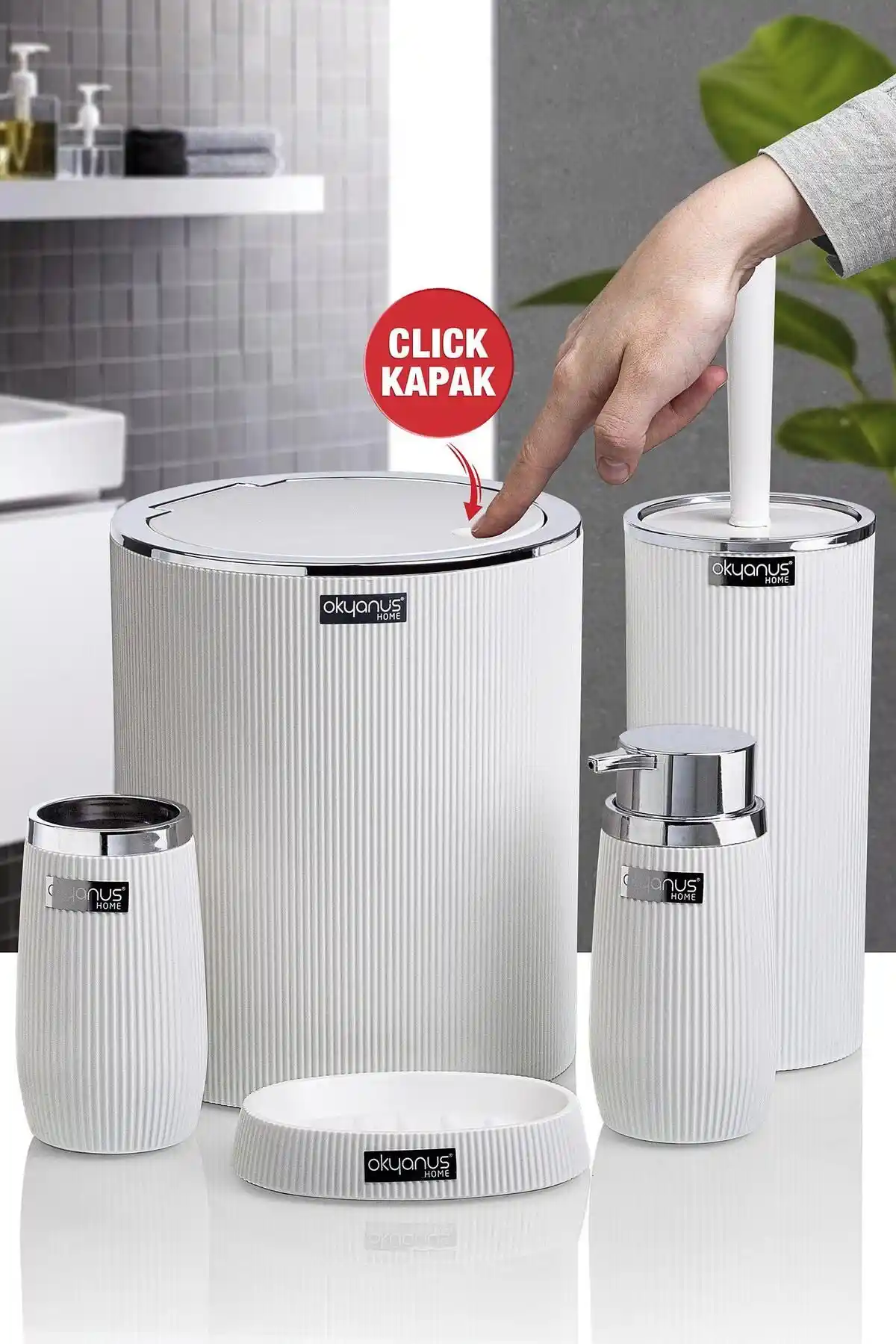 Okyanus Home Beyaz Kromlu Çizgili 5'li Banyo Seti Modern ve Dayanıklı Tasarım