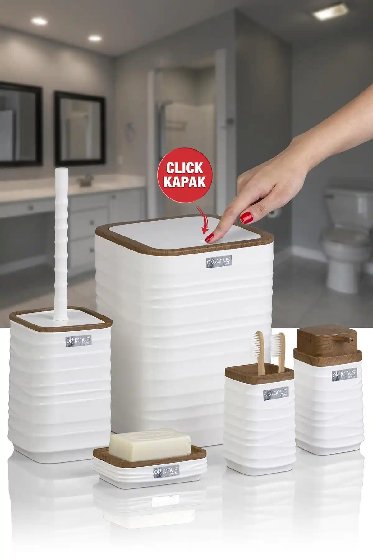 Okyanus Home Luna Beyaz Ahşap Desenli Kare 5'li Banyo Seti İncelemesi ve Kullanıcı Yorumları