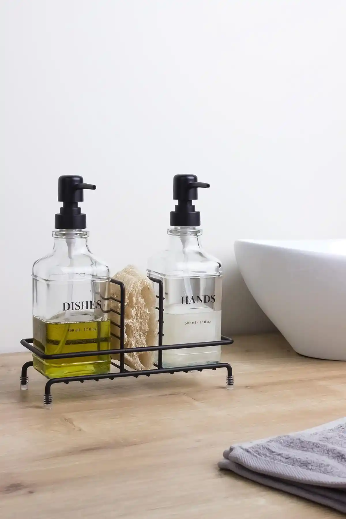 Okyanus Home Siyah ve Standlı İkili Kare Cam Sıvı Sabunluk 500ml Modern Banyo Dekorasyonu