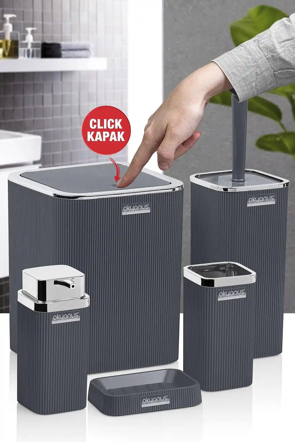 Okyanus Home Stella Antrasit Kromlu Kare 5'li Banyo Seti Modern ve Estetik Tasarım