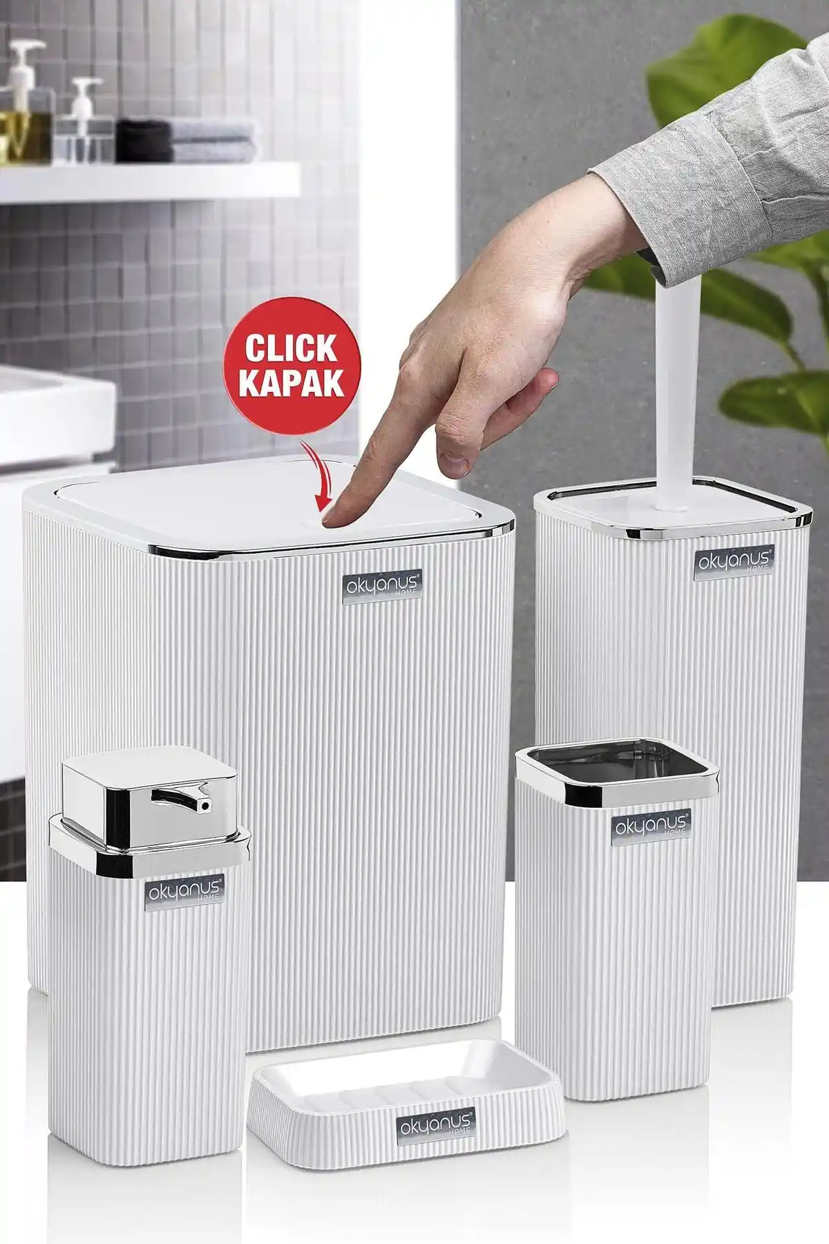 Okyanus Home Stella Beyaz Kromlu Çizgili Kare 5'li Banyo Seti Modern ve Dayanıklı Tasarım