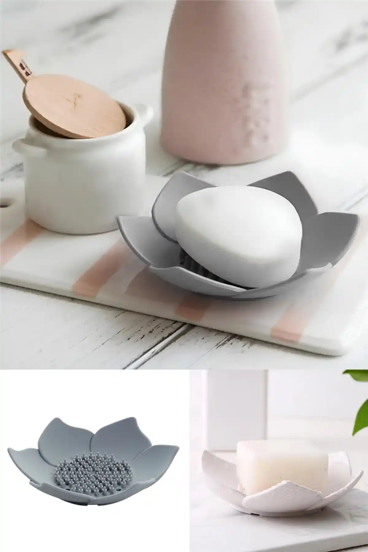 Omilife Lotus Desenli Silikon Sabun ve Sünger Tutacağı Modern Banyo Dekorasyonu İçin