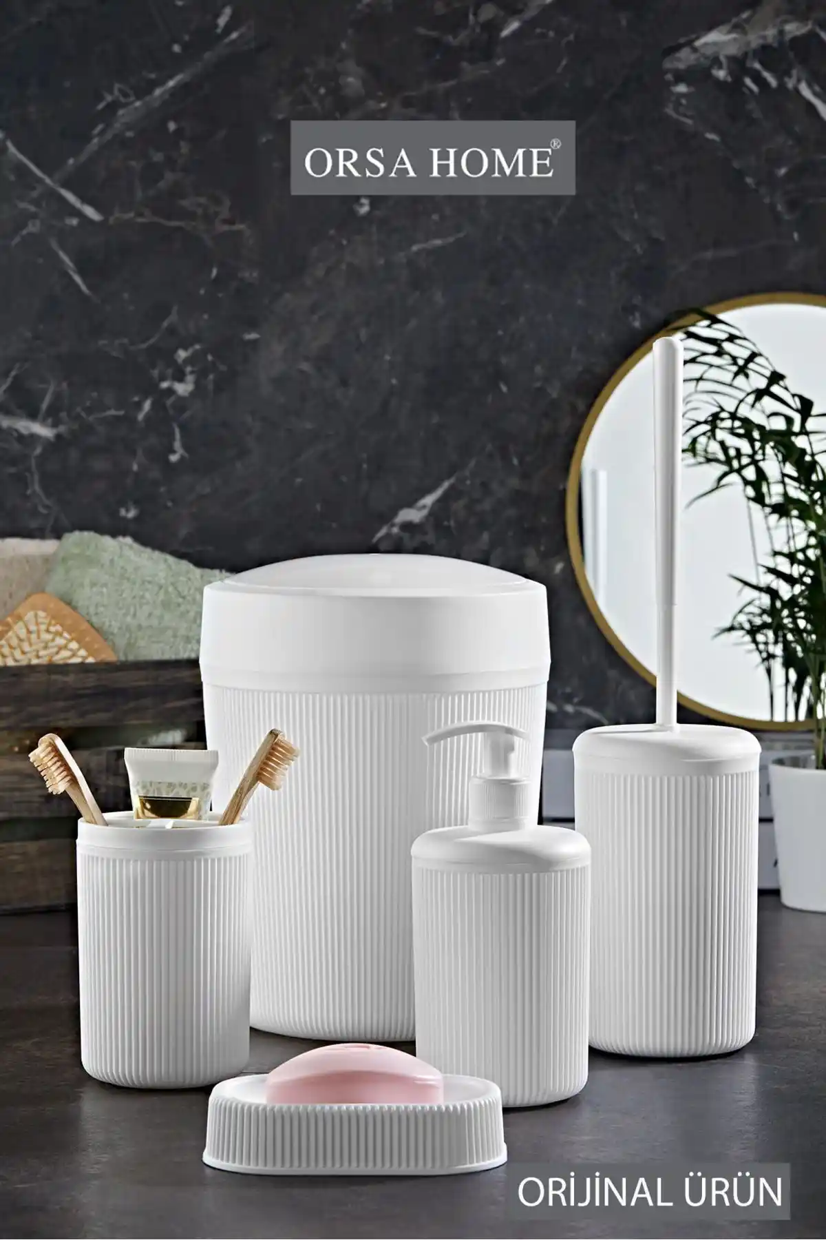 ORSA HOME 257 Çizgi Desen Beyaz 5'li Banyo Seti: Modern ve Şık Banyo Dekorasyonu İçin Idealdir.