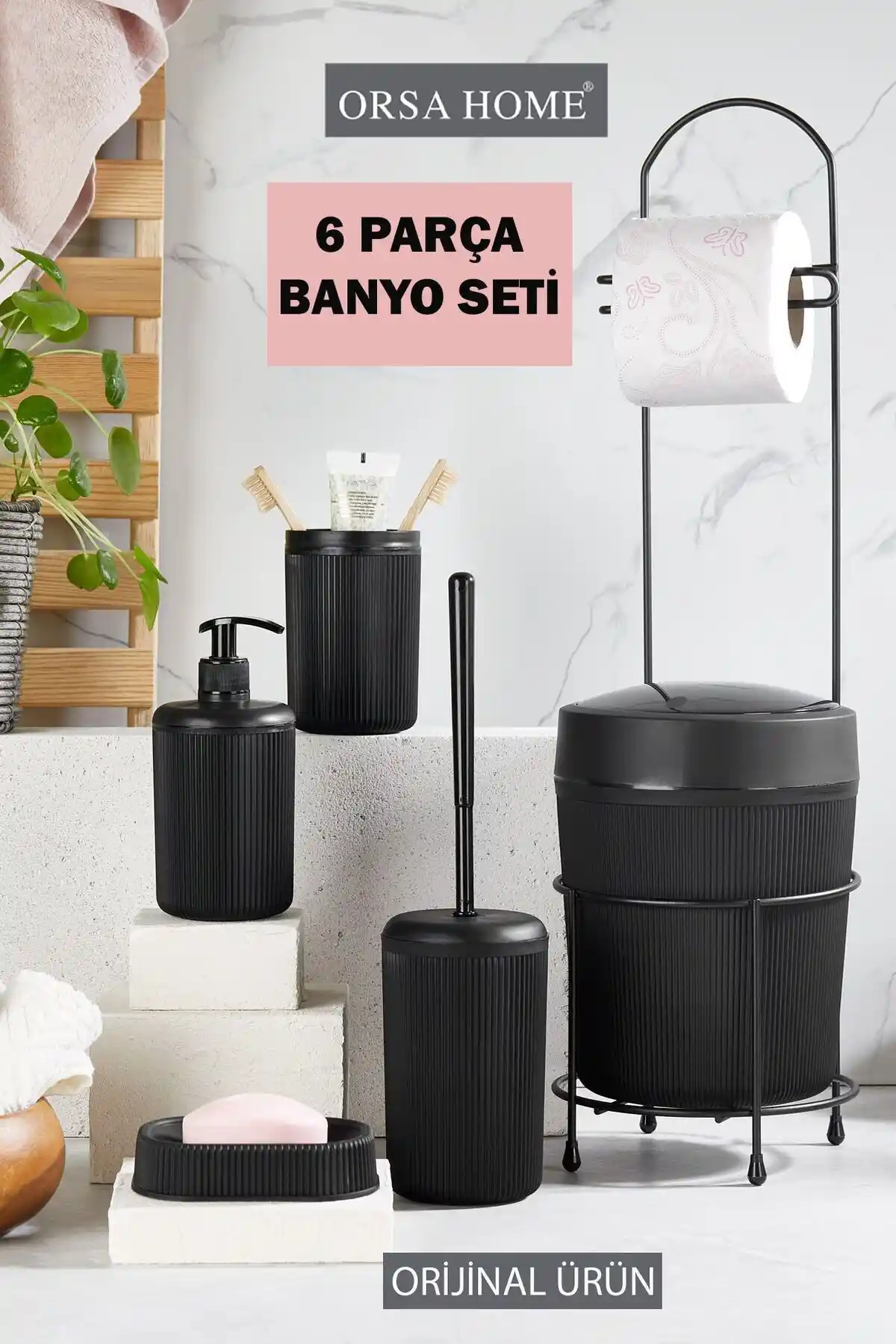 ORSA HOME 6 Parça Siyah Banyo Seti Modern Tasarım ve Dayanıklılık Sunar