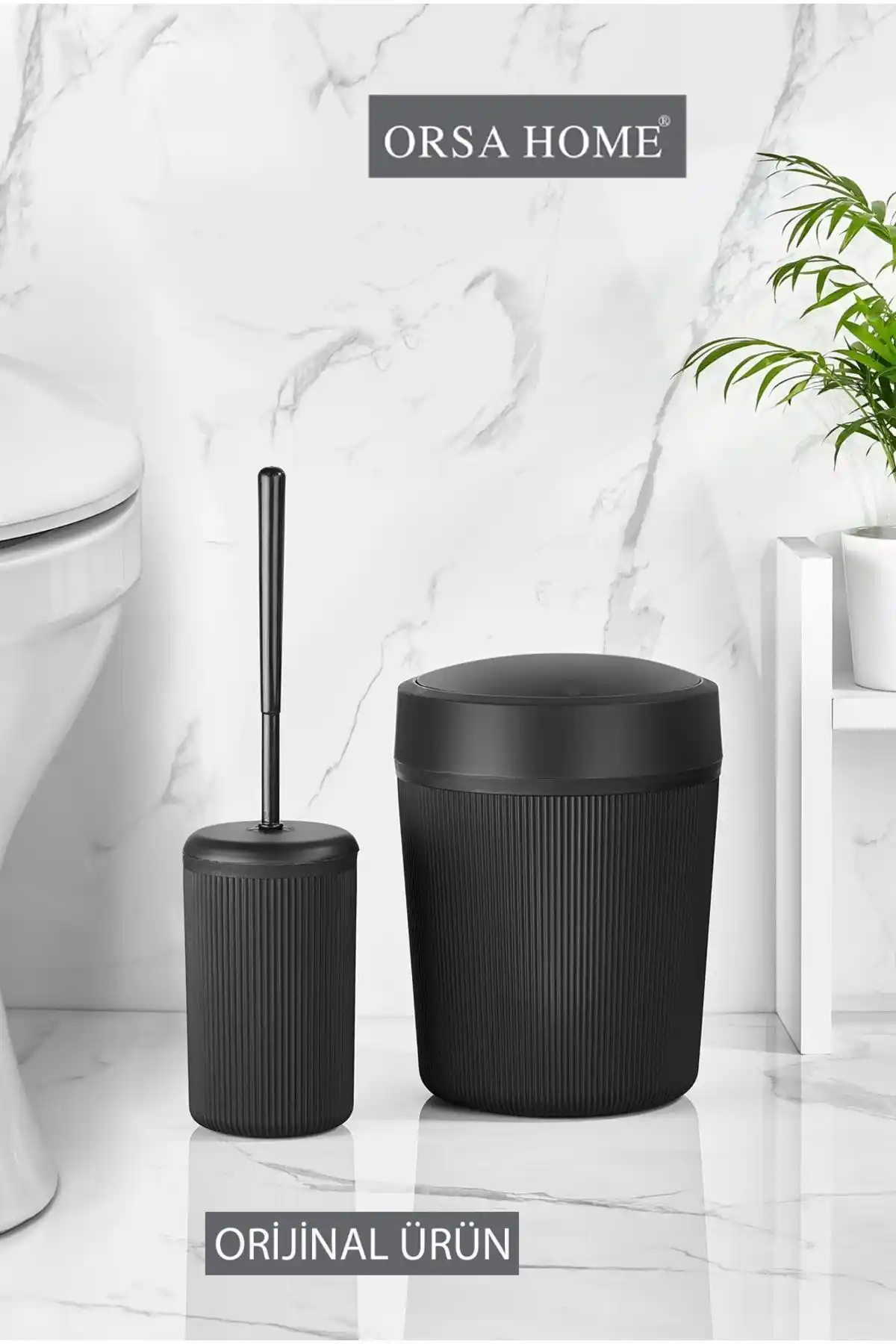 ORSA HOME Siyah Banyo Çöp Kovası ve Tuvalet Fırçası Seti Modern ve Dayanıklı Tasarımıyla Öne Çıkıyor