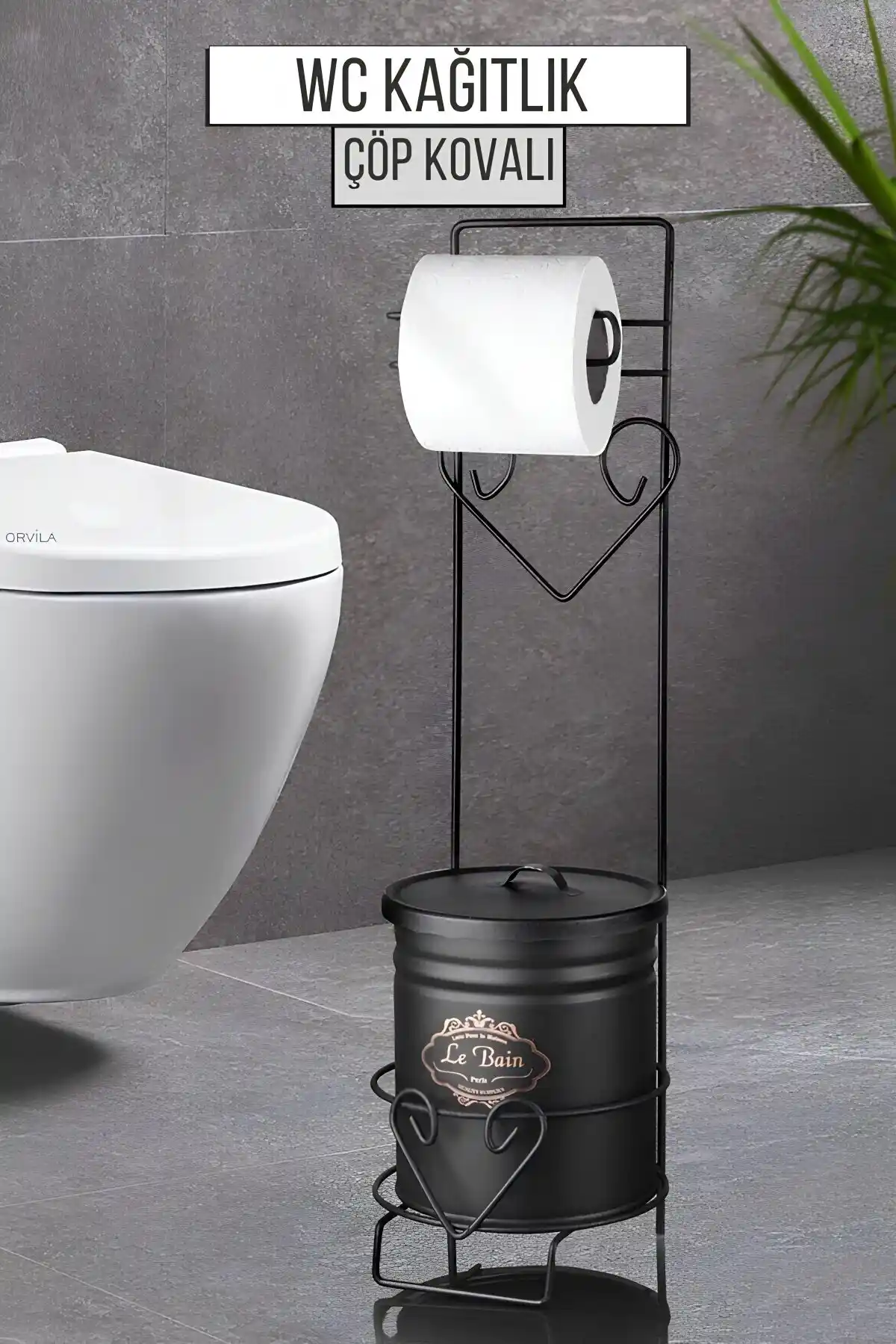 Orvila Lüx Çöp Kovalı Banyo WC Kağıtlık Siyah Modern ve Şık Tasarım